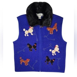 Vintage 90's Lisa International Boiled Wool Blue Poodle Dog Vest sz XL